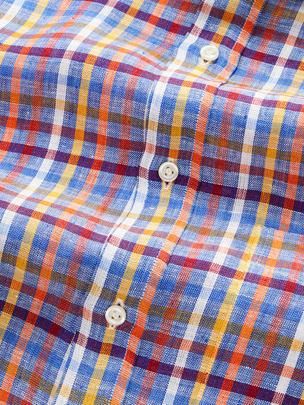 Positano Orange Check Full Sleeve Single Cuff Classic Fit Semi Formal European Flax Linen Shirt