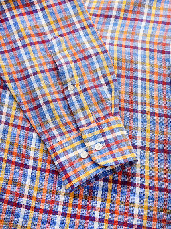 Positano Orange Check Full Sleeve Single Cuff Classic Fit Semi Formal European Flax Linen Shirt