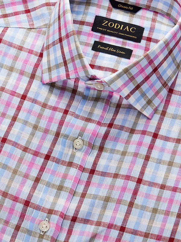 Positano Pink Check Half Sleeve Classic Fit Semi Formal European Flax Linen Shirt