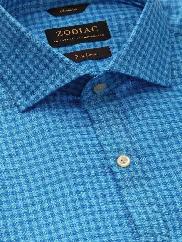 Positano Turquoise Check Full Sleeve Single Cuff Tailored Fit Semi Formal French Flax Linen Shirt