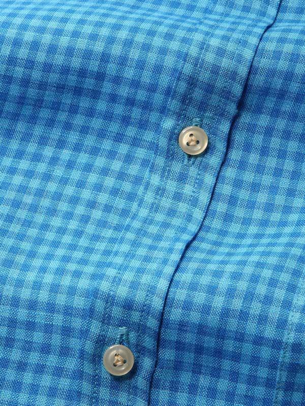 Positano Turquoise Check Full Sleeve Single Cuff Tailored Fit Semi Formal French Flax Linen Shirt