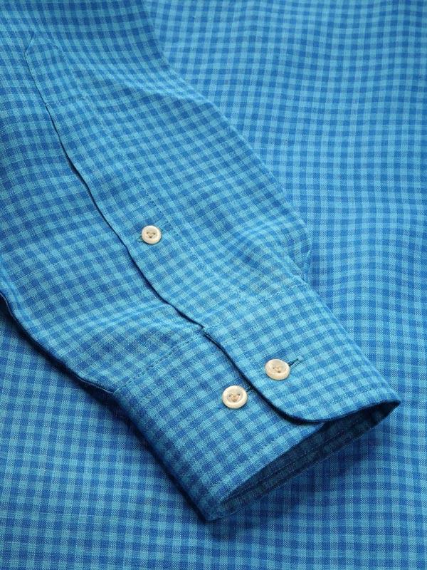 Positano Turquoise Check Full Sleeve Single Cuff Tailored Fit Semi Formal French Flax Linen Shirt