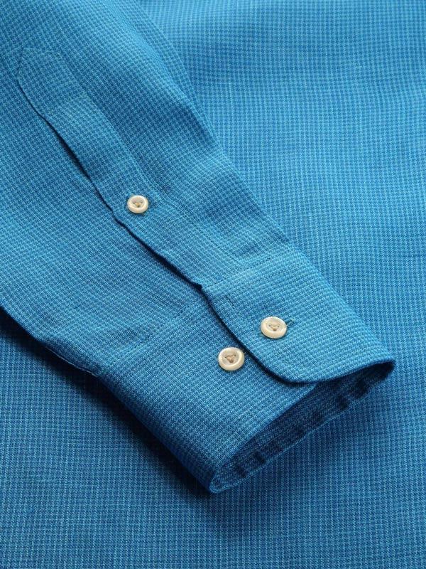 Positano Turquoise Check Full Sleeve Single Cuff Tailored Fit Semi Formal French Flax Linen Shirt