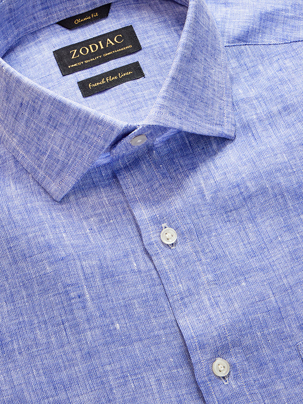 Positano Blue Solid Full Sleeve Single Cuff Classic Fit Semi Formal European Flax Linen Shirt