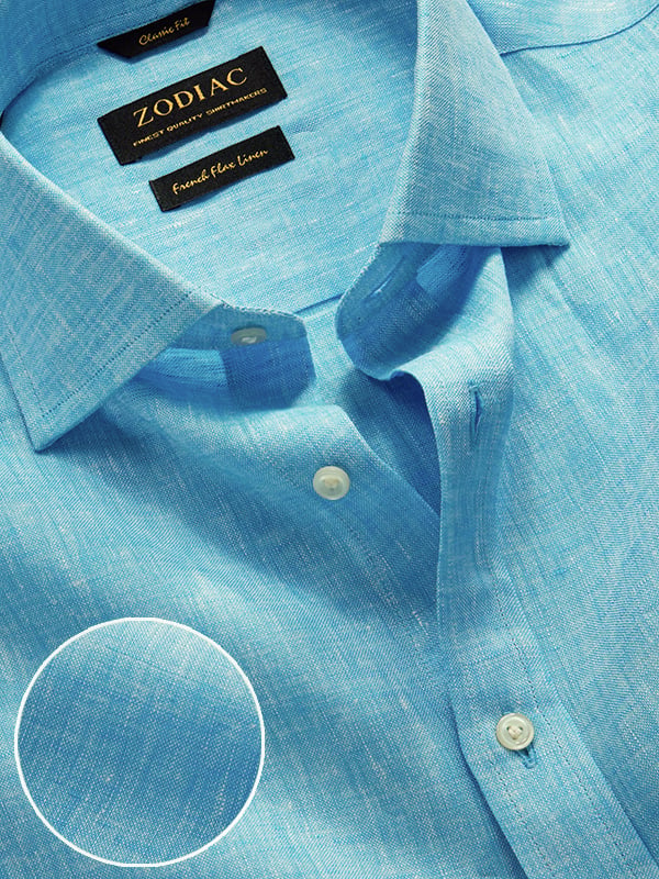 Positano Turquoise Solid Half Sleeve Classic Fit Semi Formal European Flax Linen Shirt