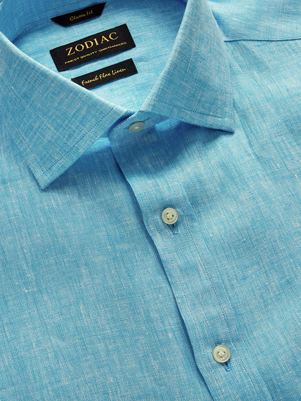 Positano Turquoise Solid Half Sleeve Classic Fit Semi Formal European Flax Linen Shirt