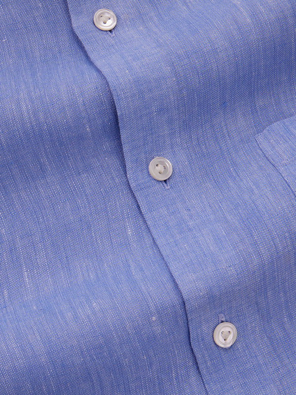 Positano Blue Solid Half Sleeve Tailored Fit Semi Formal European Flax Linen Shirt