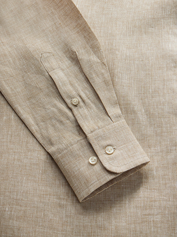 Positano Sand Solid Full Sleeve Single Cuff Tailored Fit Semi Formal French Flax Linen Shirt
