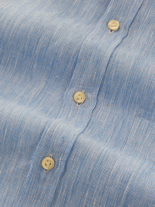 Positano Blue Solid Full Sleeve Single Cuff Classic Fit Semi Formal European Flax Linen Shirt