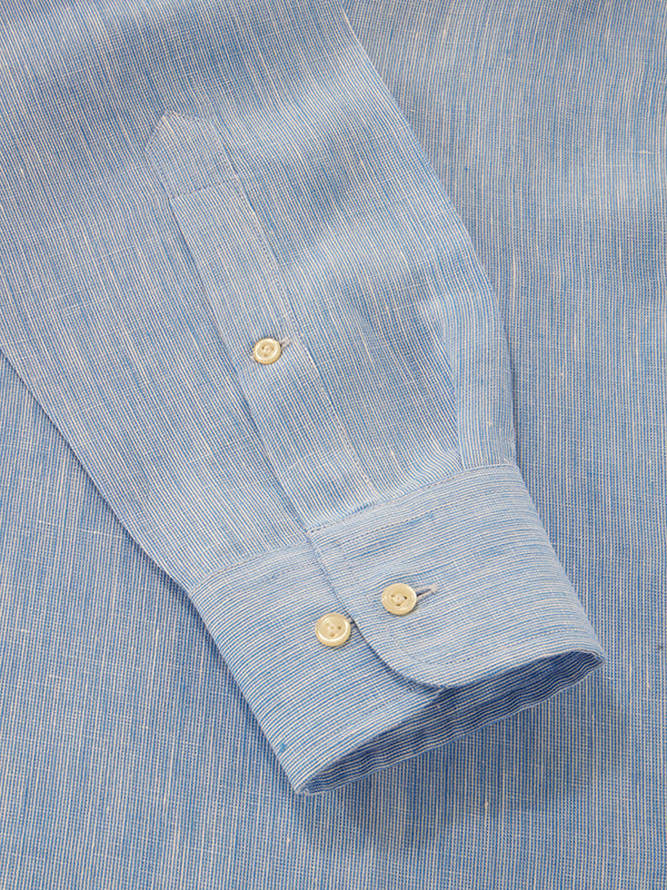 Positano Blue Solid Full Sleeve Single Cuff Classic Fit Semi Formal European Flax Linen Shirt