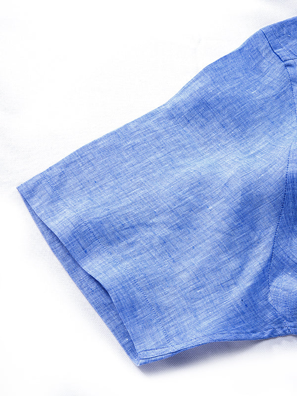 Positano Blue Solid Half Sleeve Tailored Fit Semi Formal French Flax Linen Shirt