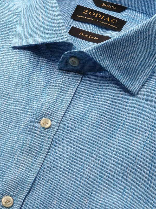 Positano Turquoise Solid Full Sleeve Single Cuff Classic Fit Semi Formal French Flax Linen Shirt