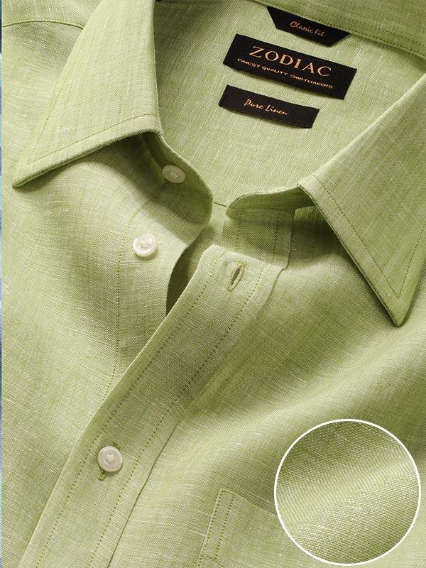 Positano Green Solid Full Sleeve Single Cuff Classic Fit Semi Formal French Flax Linen Shirt