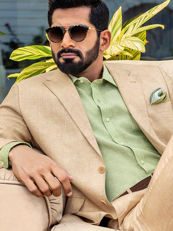 Positano Green Solid Full Sleeve Single Cuff Classic Fit Semi Formal French Flax Linen Shirt