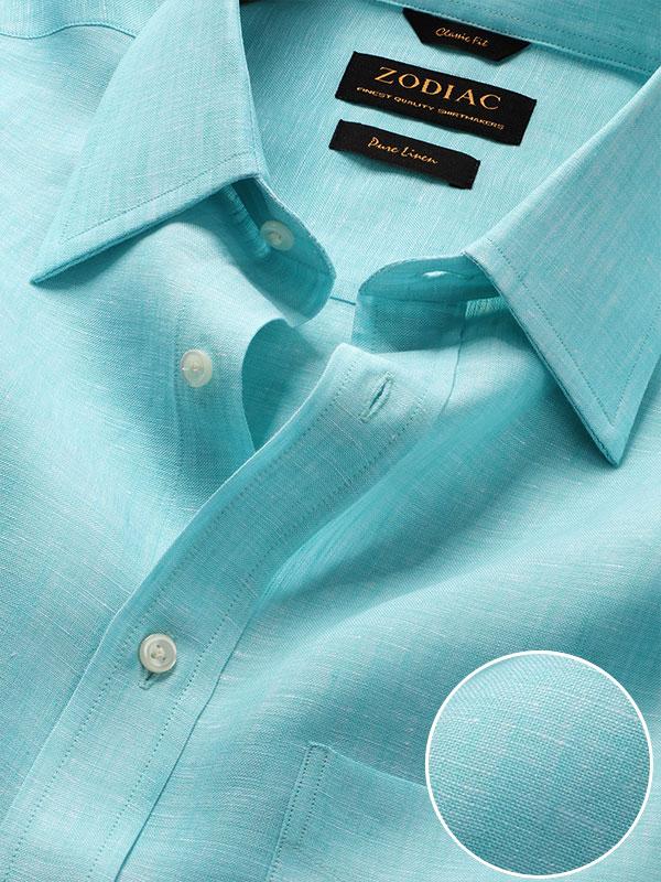 Positano Turquoise Solid Half Sleeve Classic Fit Semi Formal French Flax Linen Shirt