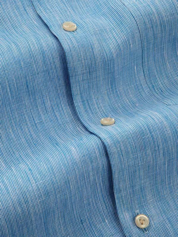 Positano Turquoise Solid Full Sleeve Single Cuff Tailored Fit Semi Formal French Flax Linen Shirt
