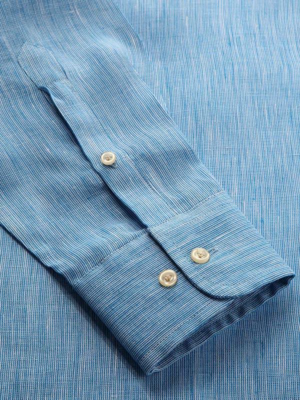 Positano Turquoise Solid Full Sleeve Single Cuff Tailored Fit Semi Formal French Flax Linen Shirt