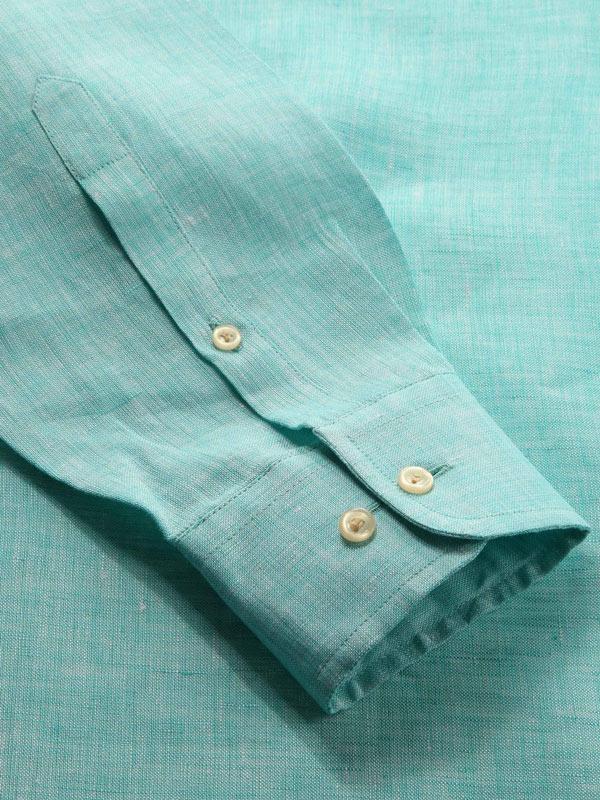 Positano Aqua Solid Full Sleeve Single Cuff Tailored Fit Semi Formal French Flax Linen Shirt