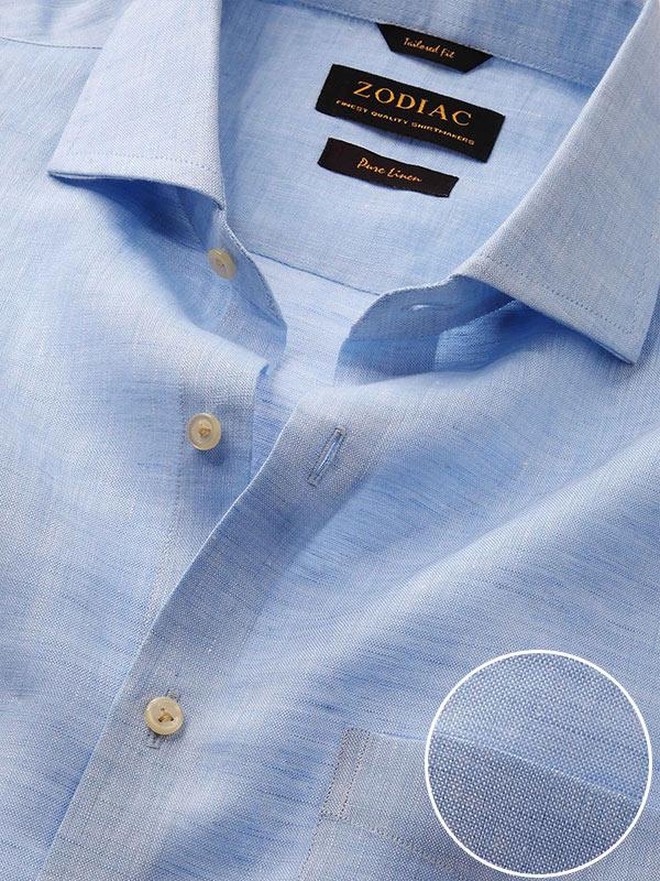 Positano Sky Solid Full Sleeve Single Cuff Tailored Fit Semi Formal European Flax Linen Shirt
