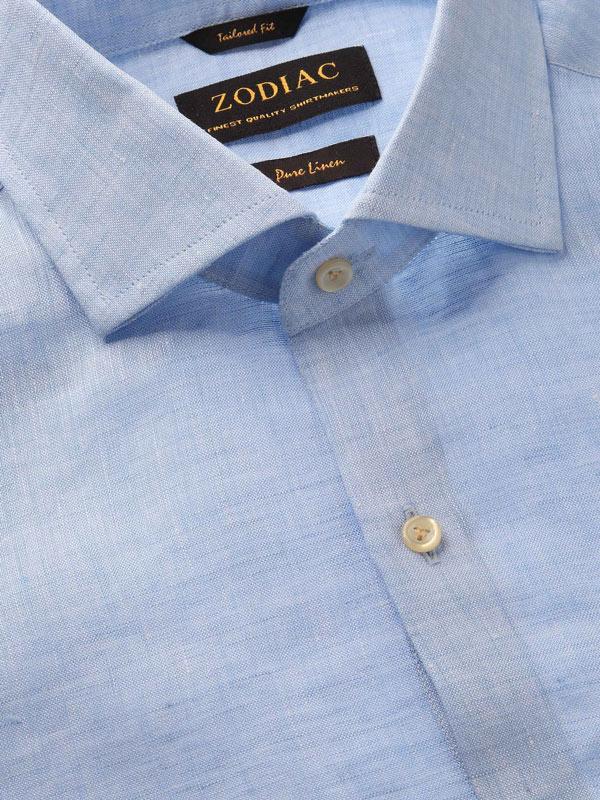 Positano Sky Solid Full Sleeve Single Cuff Tailored Fit Semi Formal European Flax Linen Shirt