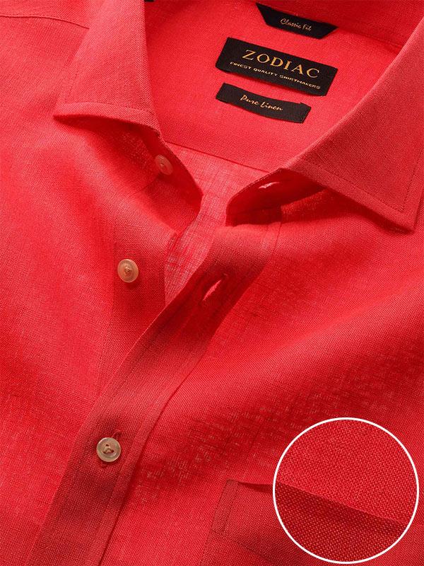 Positano Red Solid Full Sleeve Single Cuff Classic Fit Semi Formal French Flax Linen Shirt