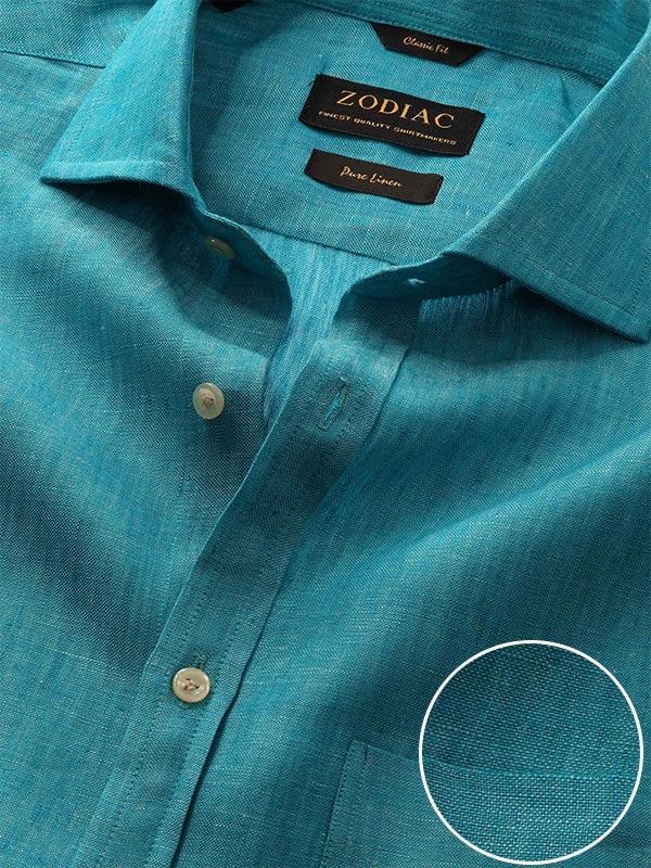 Positano Teal Solid Full Sleeve Single Cuff Classic Fit Semi Formal French Flax Linen Shirt
