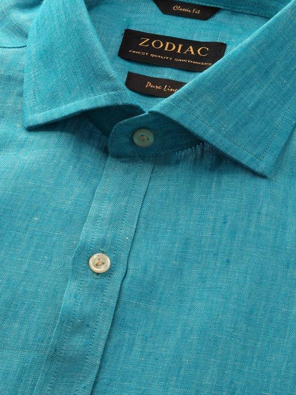 Positano Teal Solid Full Sleeve Single Cuff Classic Fit Semi Formal French Flax Linen Shirt
