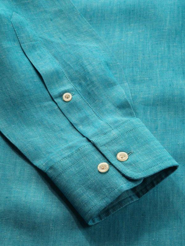 Positano Teal Solid Full Sleeve Single Cuff Classic Fit Semi Formal French Flax Linen Shirt