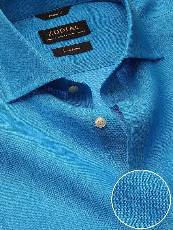 Positano Turquoise Solid Full Sleeve Single Cuff Classic Fit Semi Formal French Flax Linen Shirt