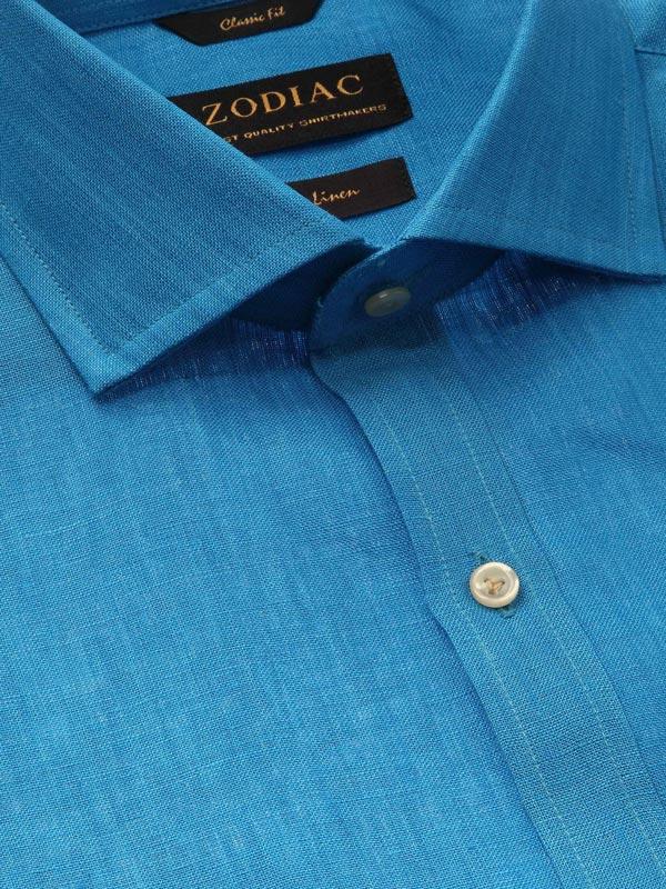 Positano Turquoise Solid Full Sleeve Single Cuff Classic Fit Semi Formal French Flax Linen Shirt
