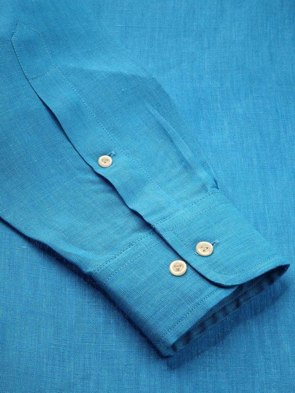 Positano Turquoise Solid Full Sleeve Single Cuff Classic Fit Semi Formal French Flax Linen Shirt