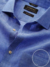Positano Blue Solid Full Sleeve Single Cuff Tailored Fit Semi Formal French Flax Linen Shirt