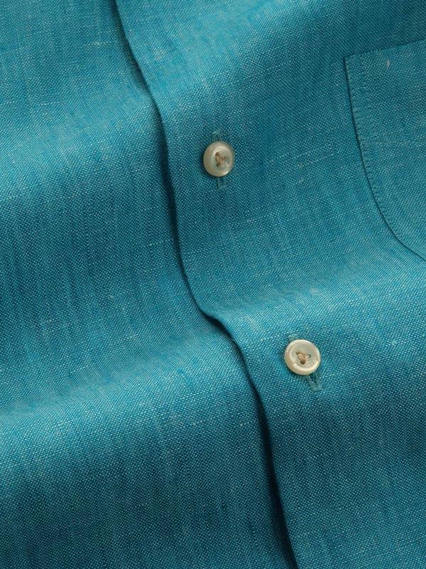 Positano Teal Solid Full Sleeve Single Cuff Tailored Fit Semi Formal French Flax Linen Shirt