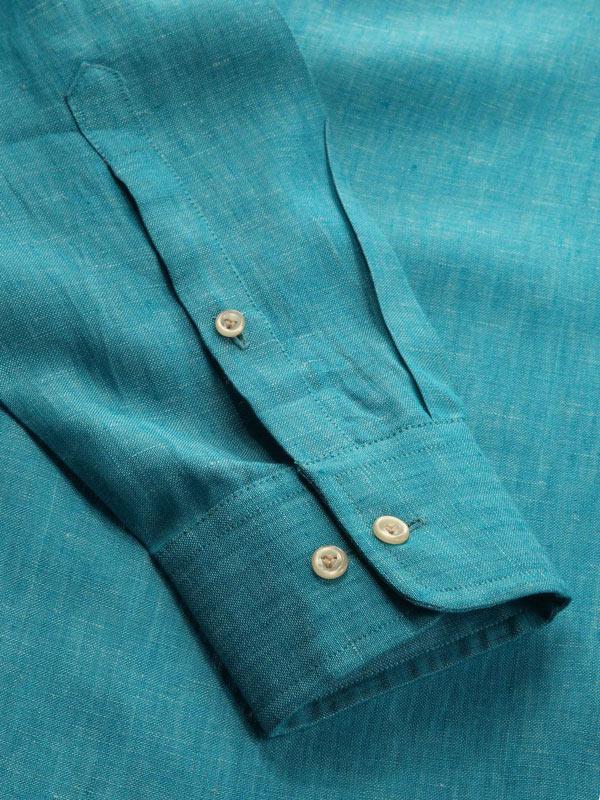Positano Teal Solid Full Sleeve Single Cuff Tailored Fit Semi Formal French Flax Linen Shirt