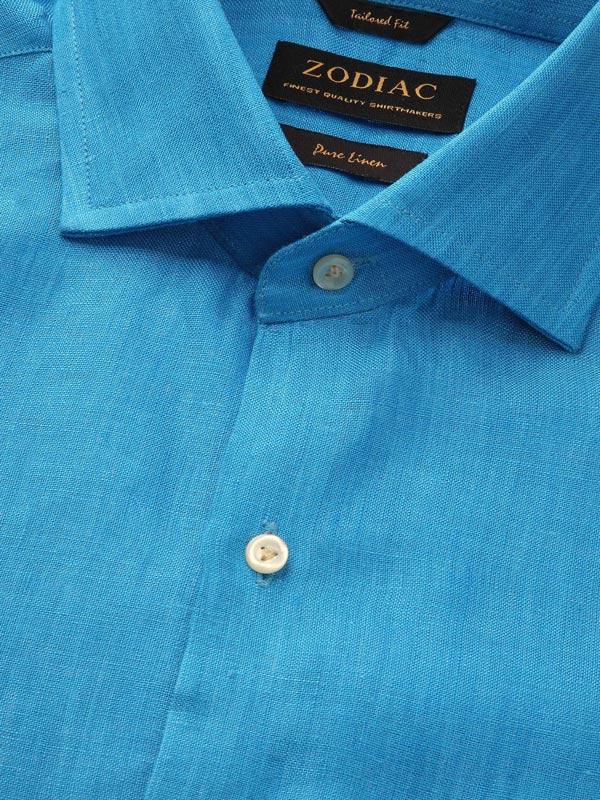 Positano Turquoise Solid Full Sleeve Single Cuff Tailored Fit Semi Formal French Flax Linen Shirt