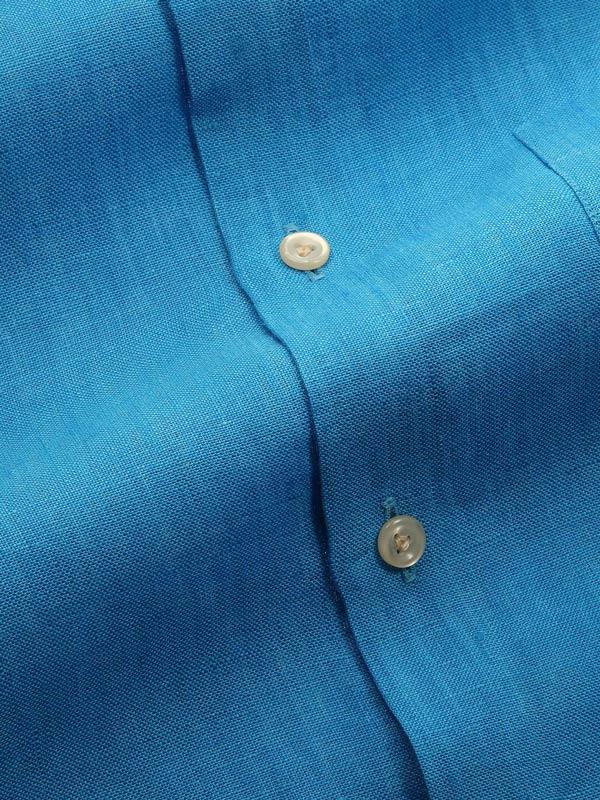 Positano Turquoise Solid Full Sleeve Single Cuff Tailored Fit Semi Formal French Flax Linen Shirt