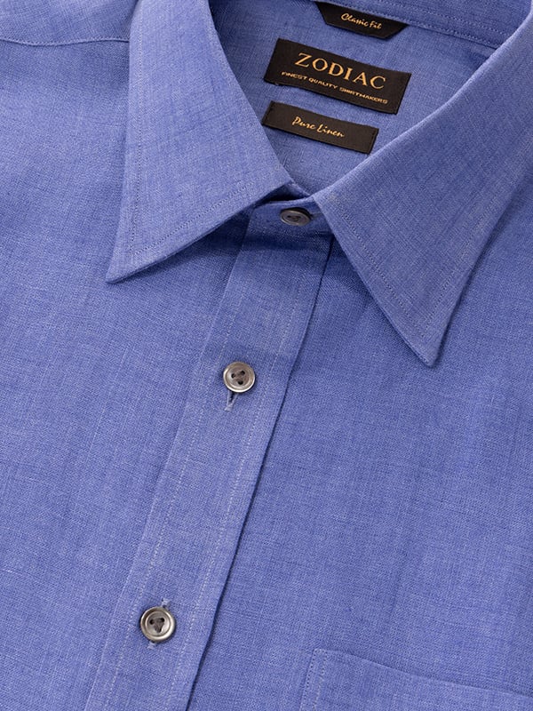Positano Blue Solid Full Sleeve Single Cuff Classic Fit Semi Formal European Flax Linen Shirt