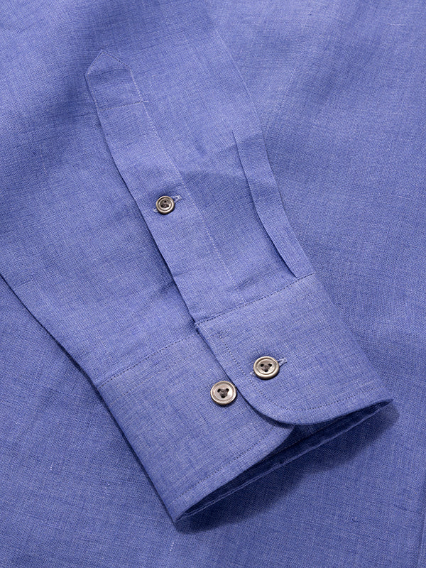 Positano Blue Solid Full Sleeve Single Cuff Classic Fit Semi Formal European Flax Linen Shirt