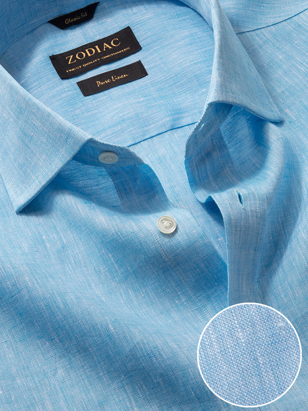 Positano Turquoise Solid Half Sleeve Classic Fit Semi Formal European Flax Linen Shirt
