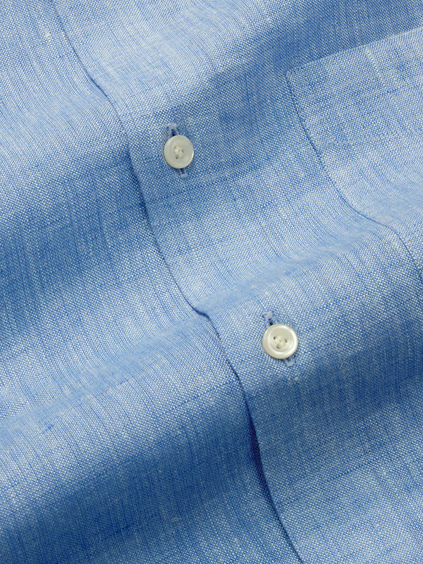 Positano Blue Solid Half Sleeve Tailored Fit Semi Formal European Flax Linen Shirt