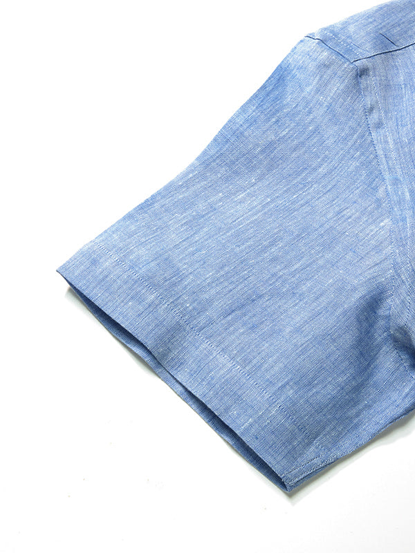 Positano Blue Solid Half Sleeve Tailored Fit Semi Formal European Flax Linen Shirt