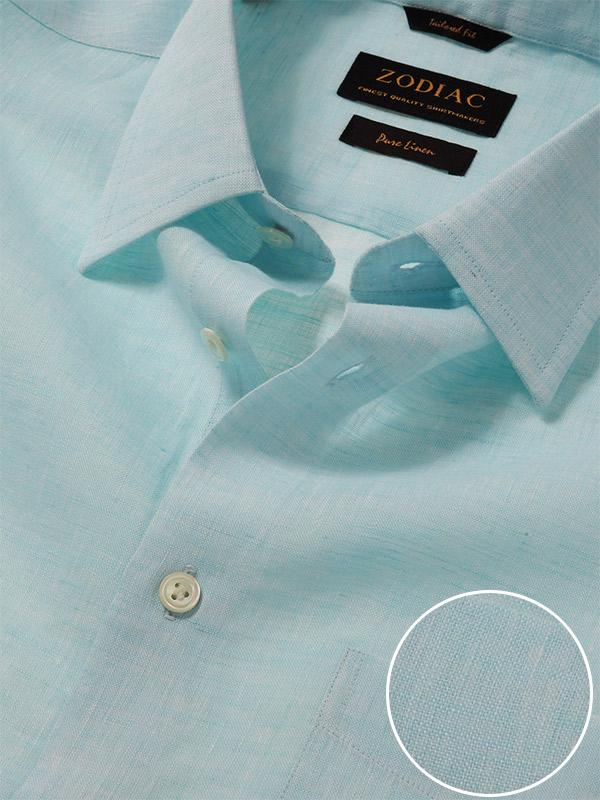 Positano Aqua Solid Half Sleeve Tailored Fit Semi Formal French Flax Linen Shirt