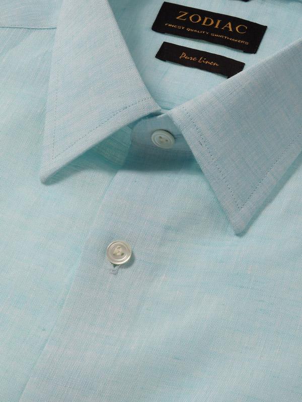 Positano Aqua Solid Half Sleeve Tailored Fit Semi Formal French Flax Linen Shirt
