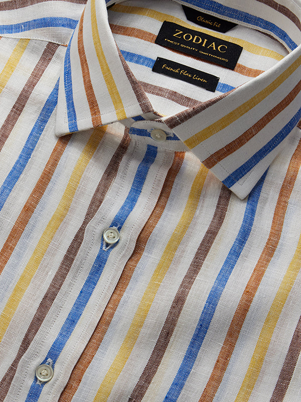 Positano Yellow Striped Full Sleeve Single Cuff Classic Fit Semi Formal French Flax Linen Shirt