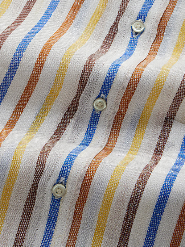 Positano Yellow Striped Full Sleeve Single Cuff Classic Fit Semi Formal French Flax Linen Shirt