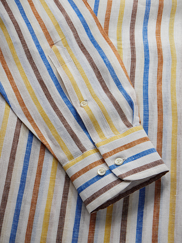 Positano Yellow Striped Full Sleeve Single Cuff Classic Fit Semi Formal French Flax Linen Shirt