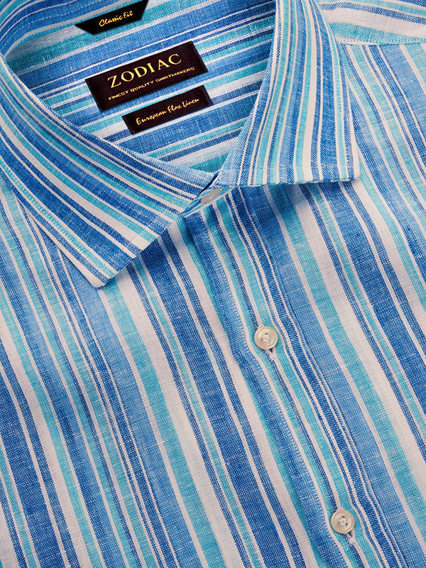 Positano Blue Striped Full Sleeve Single Cuff Classic Fit Semi Formal European Flax Linen Shirt