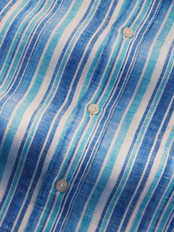 Positano Blue Striped Full Sleeve Single Cuff Classic Fit Semi Formal European Flax Linen Shirt