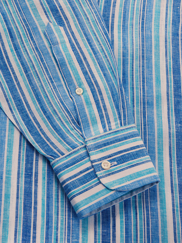 Positano Blue Striped Full Sleeve Single Cuff Classic Fit Semi Formal European Flax Linen Shirt