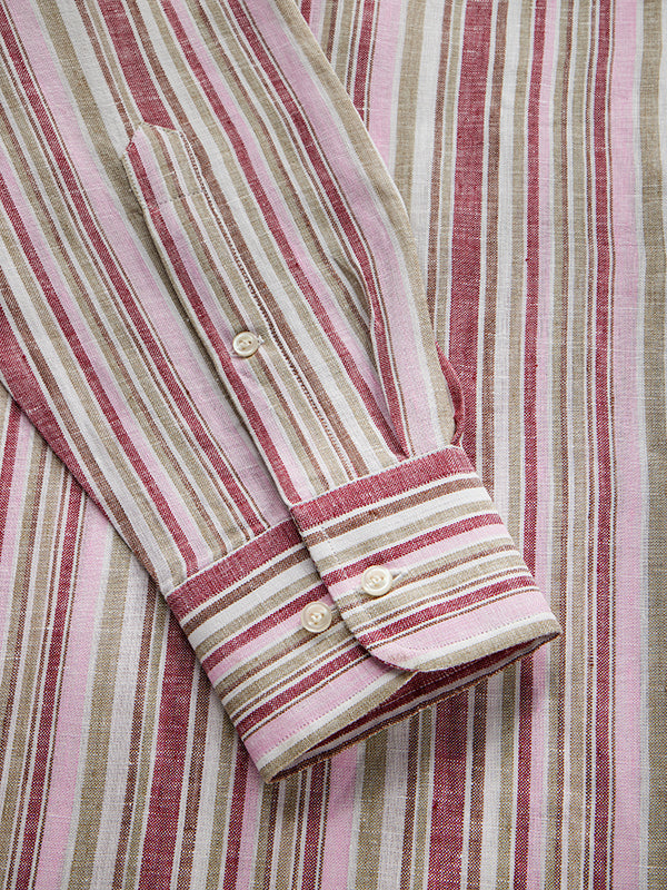 Positano Red Striped Full Sleeve Single Cuff Classic Fit Semi Formal European Flax Linen Shirt